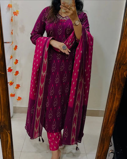 Magenta Ikat Print Kurta Pant Set with Dupatta for Women