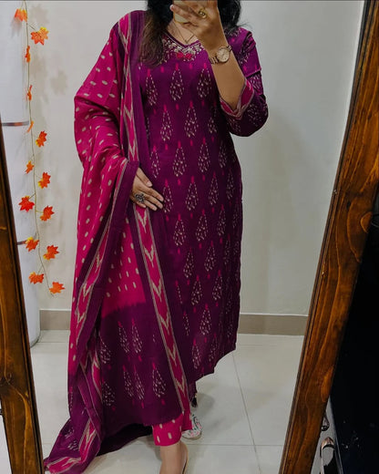 Magenta Ikat Print Kurta Pant Set with Dupatta for Women