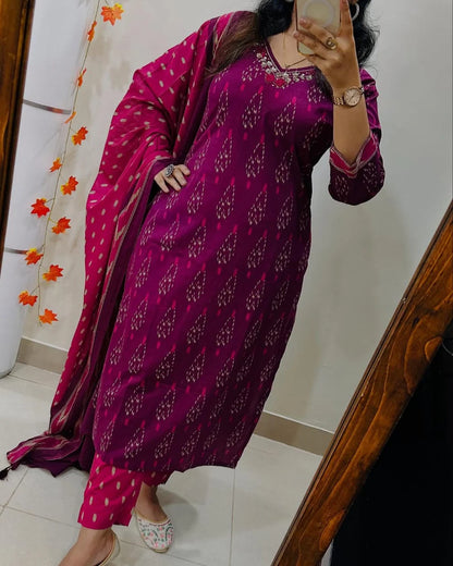 Magenta Ikat Print Kurta Pant Set with Dupatta for Women