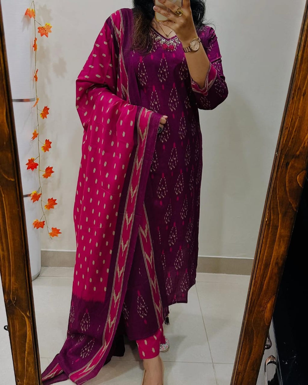 magenta ikka print cotton kurta set with contrast dupatta
