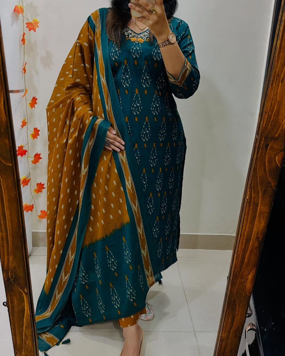 Teal And Mustard Ikka Print Cotton Kurta Set With Contrast Dupatta