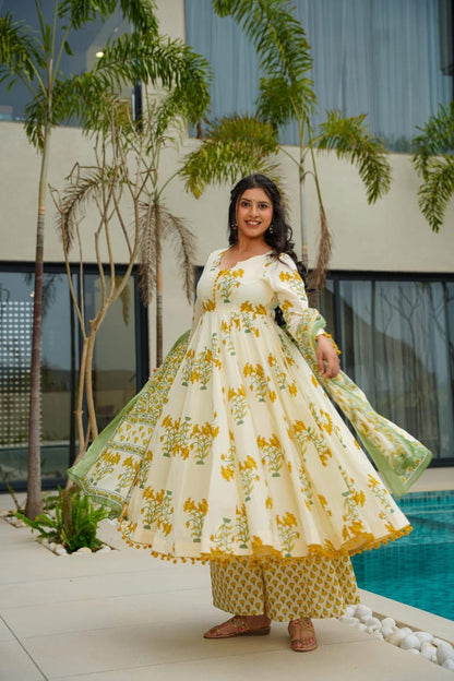 Basanti Phool Yellow Hand Black Cotton Printed Anarkali And Plaza Pant With Dupatta Set