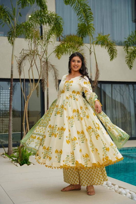 Basanti Phool Yellow Hand Black Cotton Printed Anarkali And Plaza Pant With Dupatta Set