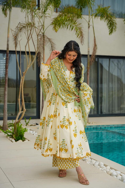 Basanti Phool Yellow Hand Black Cotton Printed Anarkali And Plaza Pant With Dupatta Set