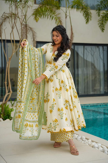 Basanti Phool Yellow Hand Black Cotton Printed Anarkali And Plaza Pant With Dupatta Set
