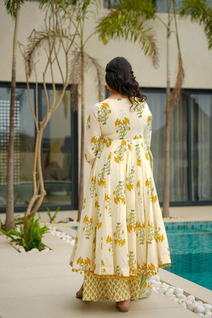 Basanti Phool Yellow Hand Black Cotton Printed Anarkali And Plaza Pant With Dupatta Set