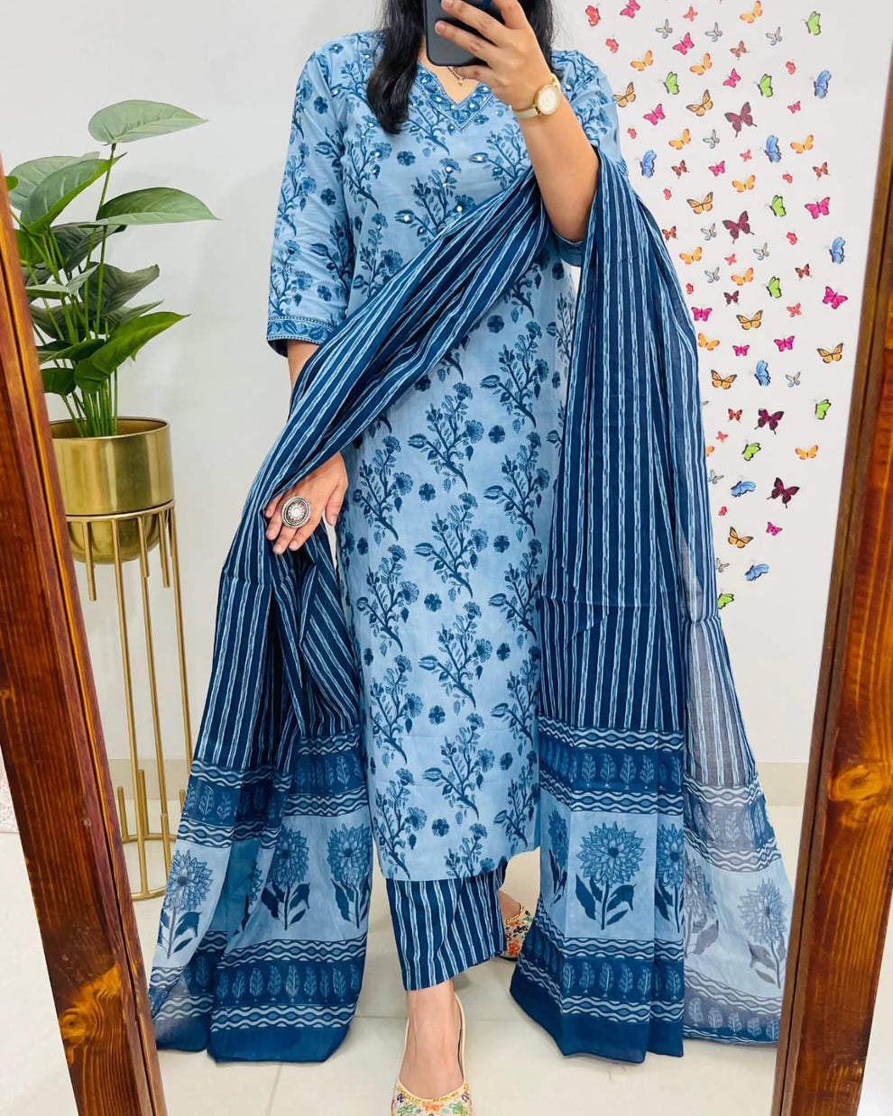 blue cotton sequence work kurta pant with dupatta set