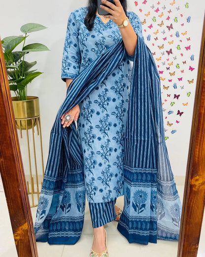 Blue Cotton Sequence Work Kurta Pant With Dupatta Set