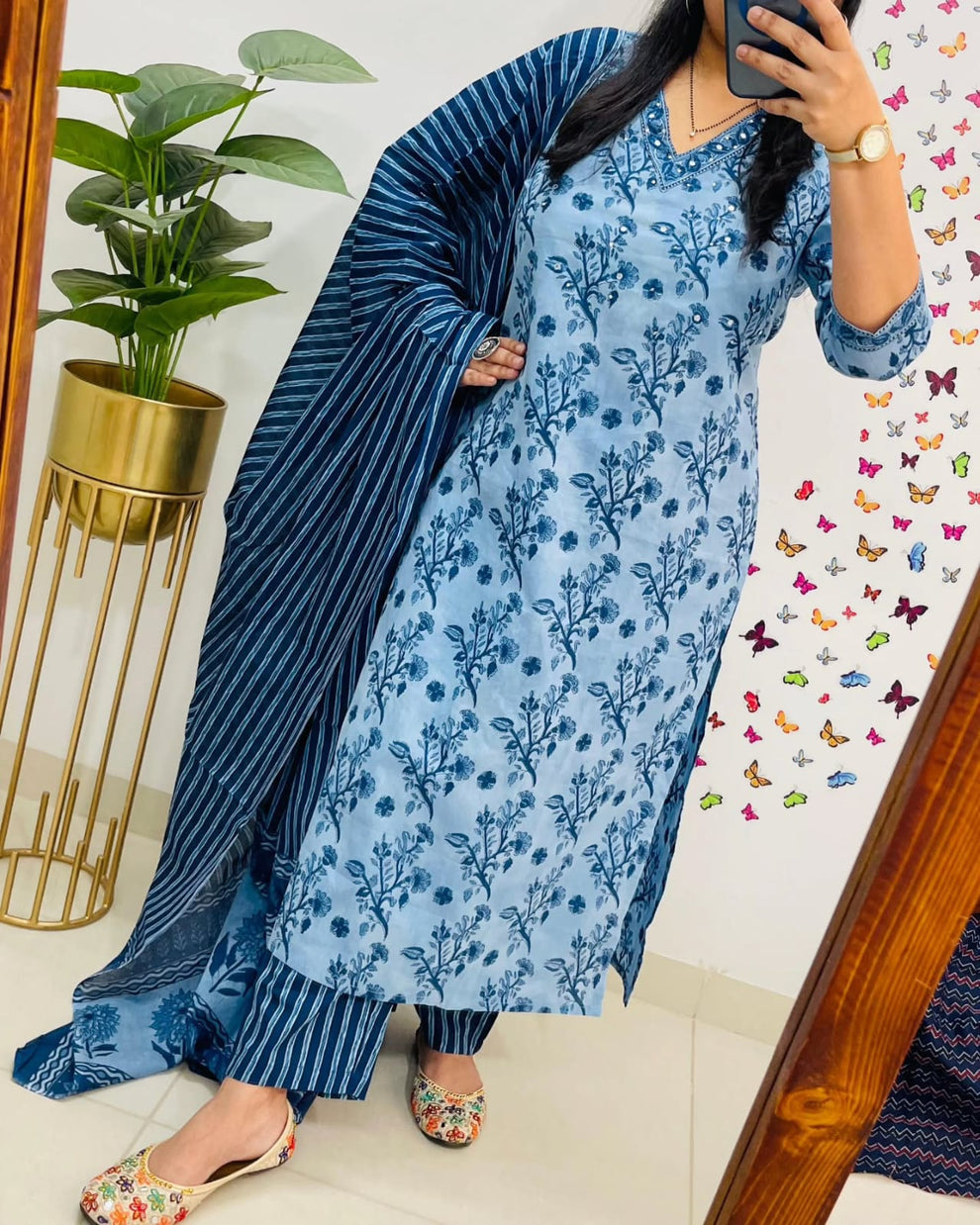 blue cotton sequence work kurta pant with dupatta set