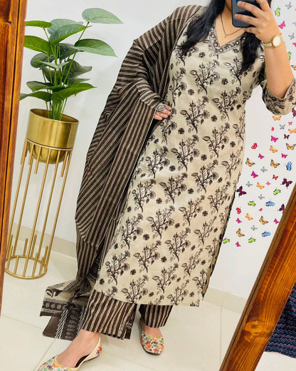Coffee Cotton Sequence Work Kurta Pant With Dupatta Set
