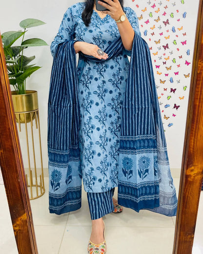 Blue Cotton Sequence Work Kurta Pant With Dupatta Set