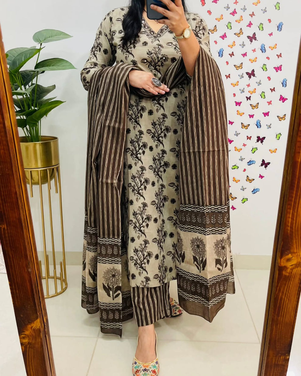 coffee cotton sequence work kurta pant with dupatta set