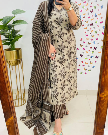 Coffee Cotton Sequence Work Kurta Pant With Dupatta Set