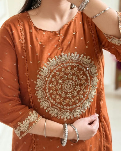 Jaipuri Rust Orange Embroidered Kurta Set With Dupatta