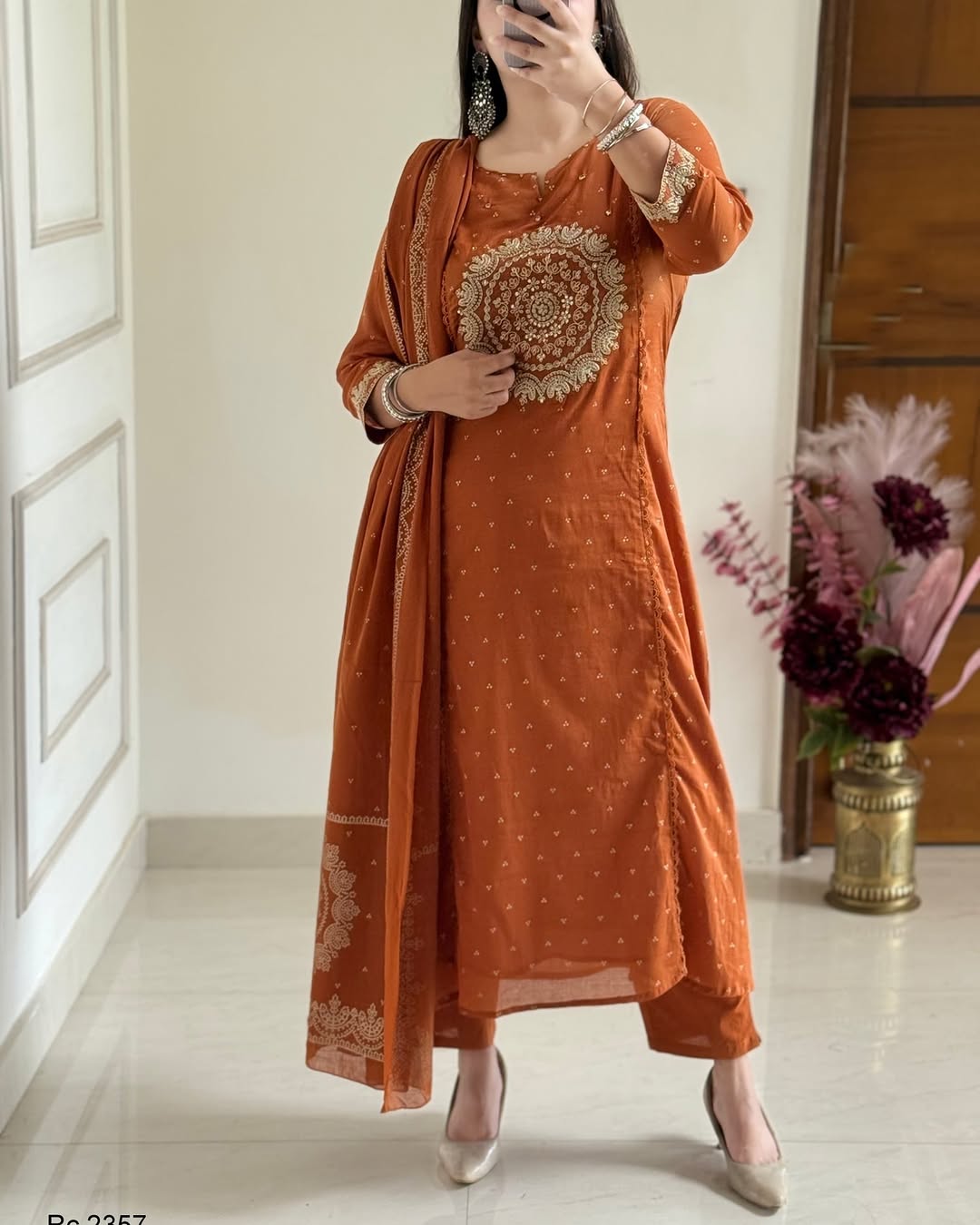jaipuri rust orange embroidered kurta set with dupatta
