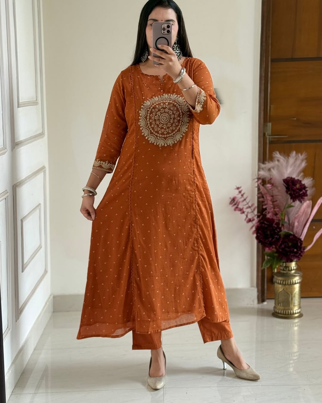 jaipuri rust orange embroidered kurta set with dupatta