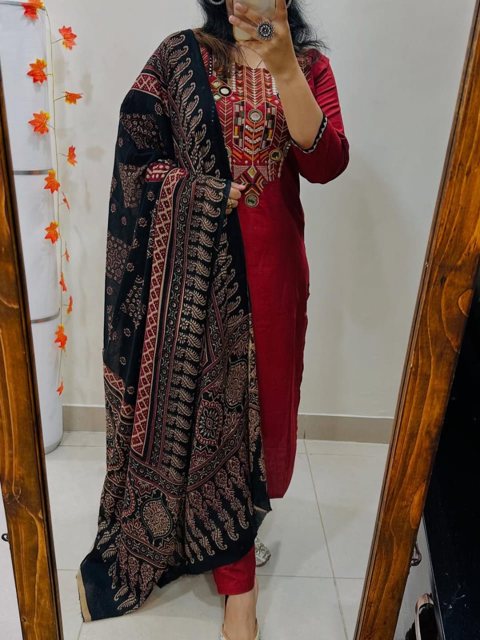 Red Hand-Embroidered Kurta Set with Ajrakh Print Dupatta