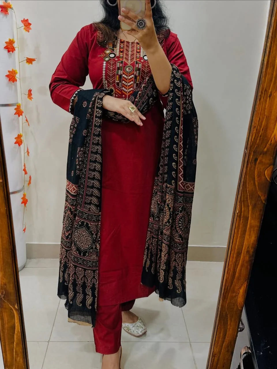 Red Hand-Embroidered Kurta Set with Ajrakh Print Dupatta