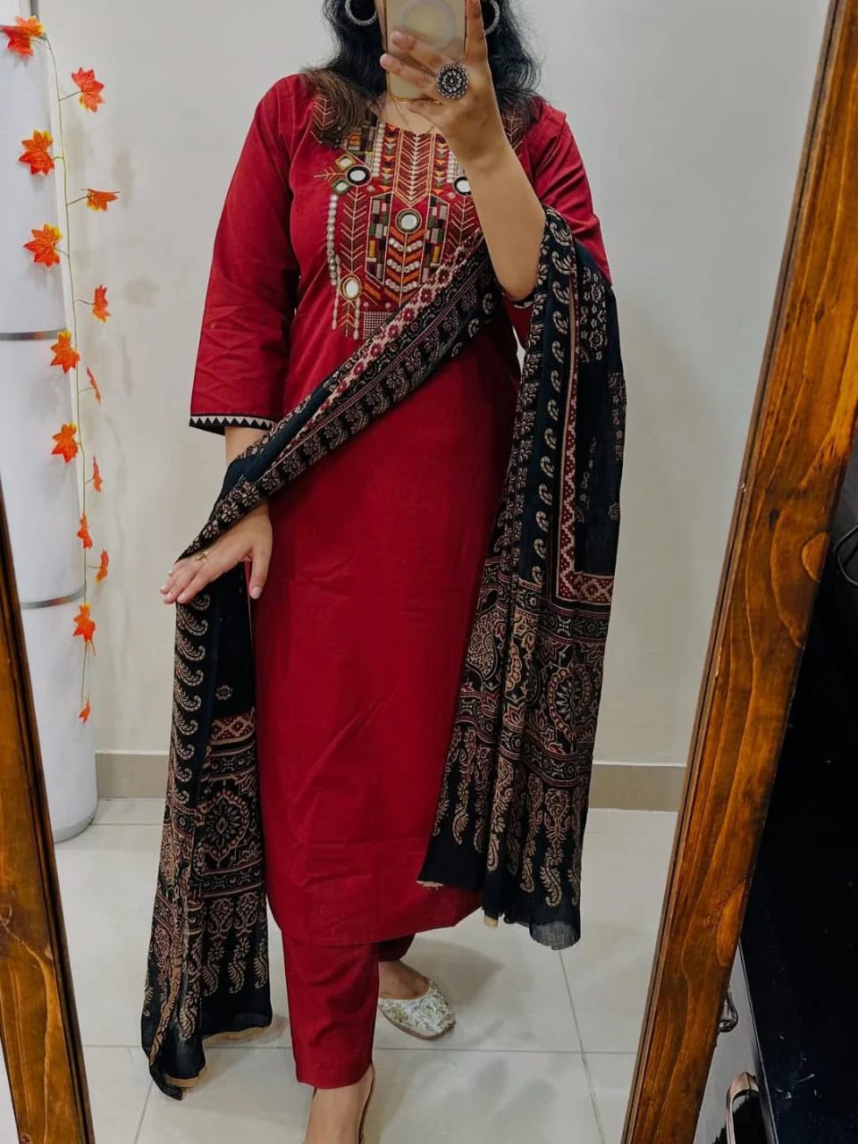 Red Hand-Embroidered Kurta Set with Ajrakh Print Dupatta