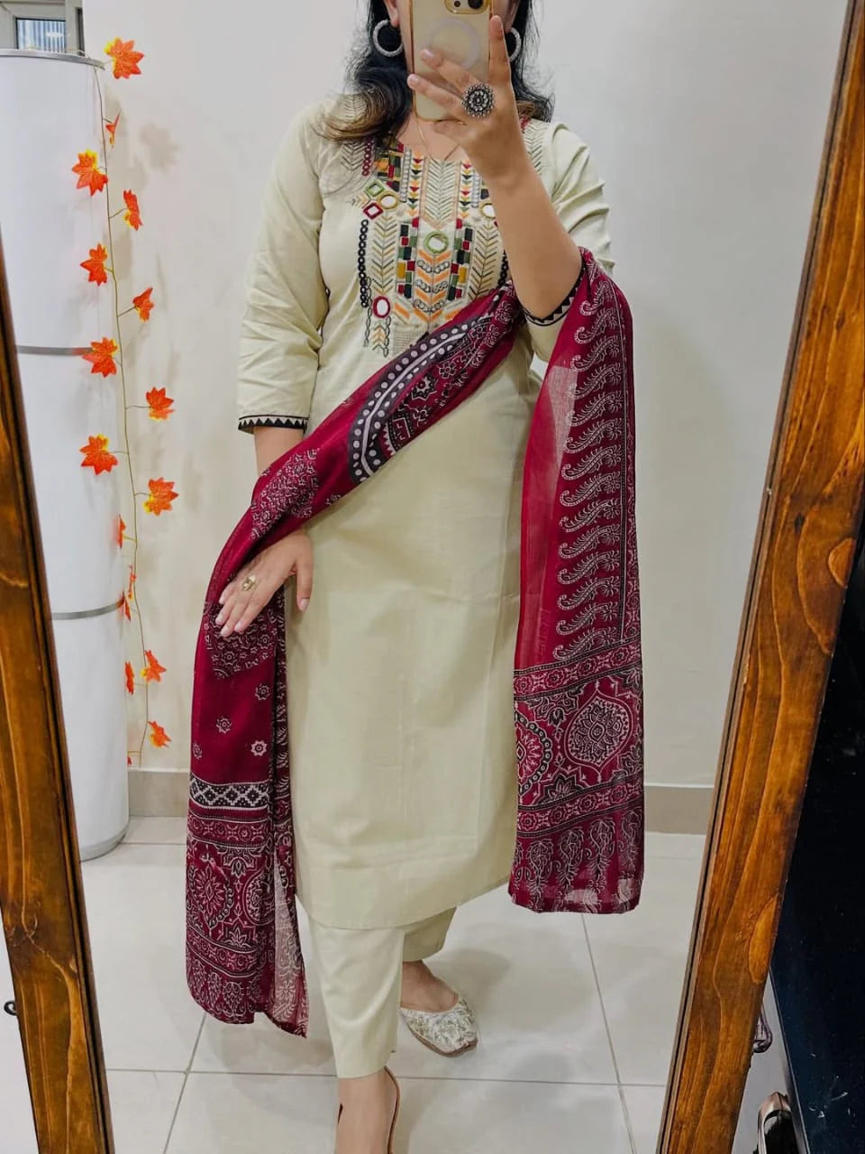 White Hand-Embroidered Kurta Set with Ajrakh Print Dupatta