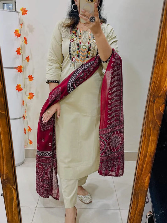 White Hand-Embroidered Kurta Set with Ajrakh Print Dupatta