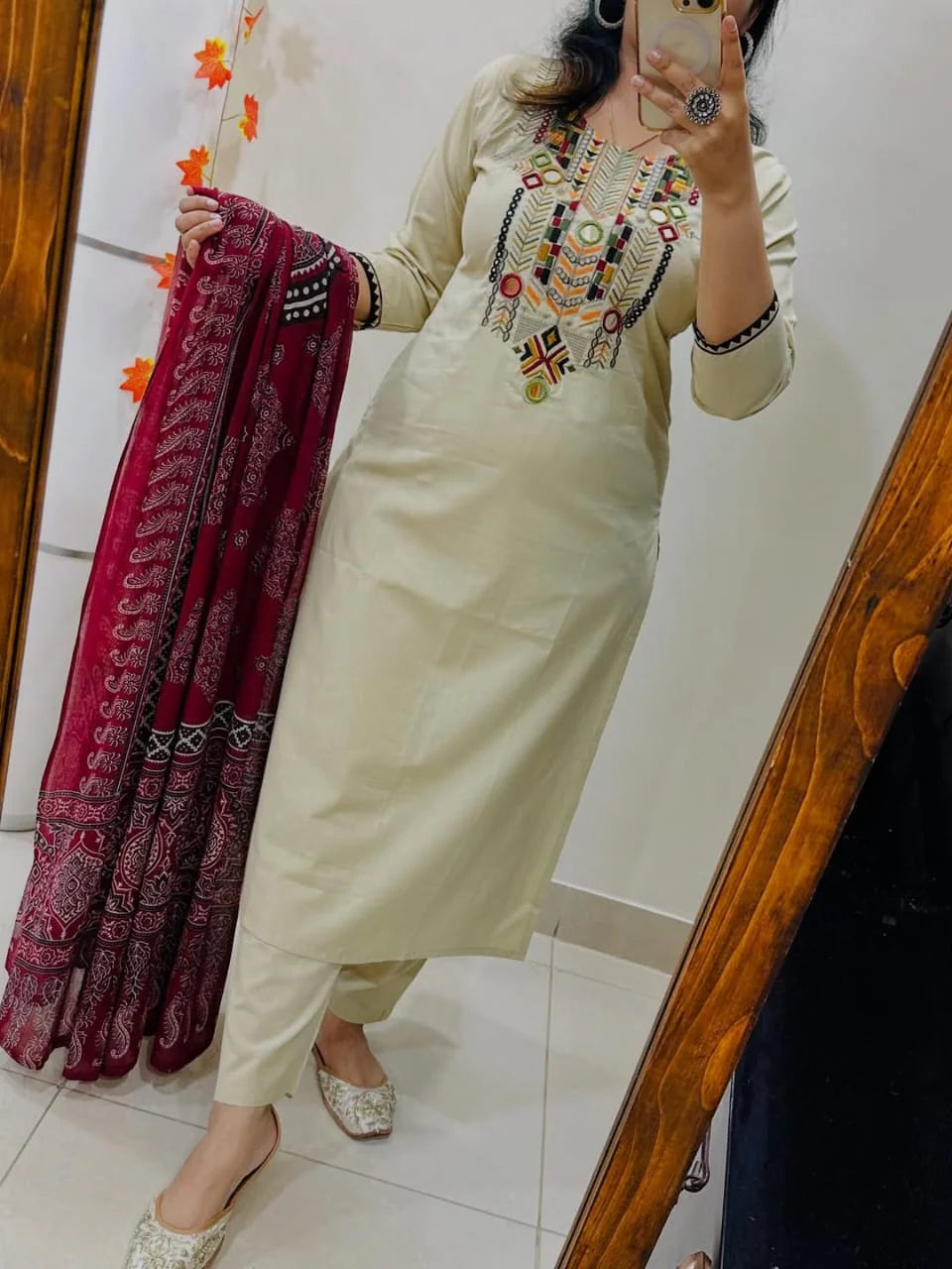 White Hand-Embroidered Kurta Set with Ajrakh Print Dupatta