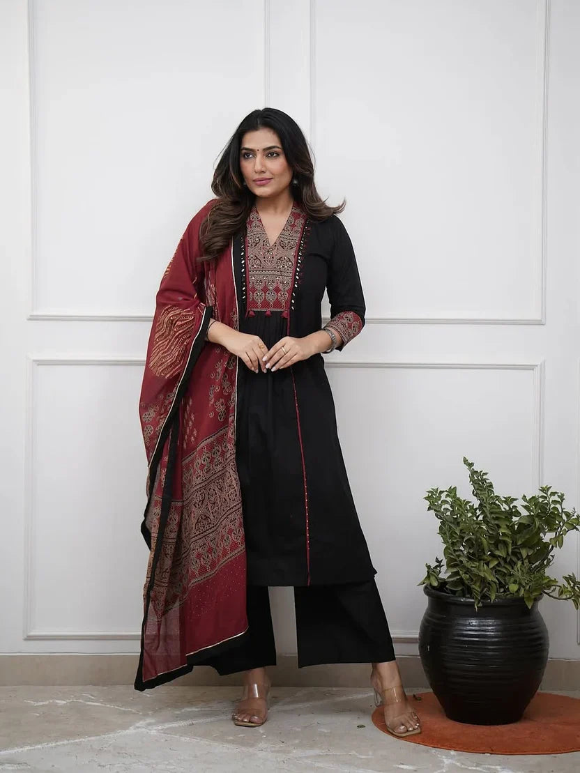 black cotton kurta pant set with embroidered yoke & printed dupatta