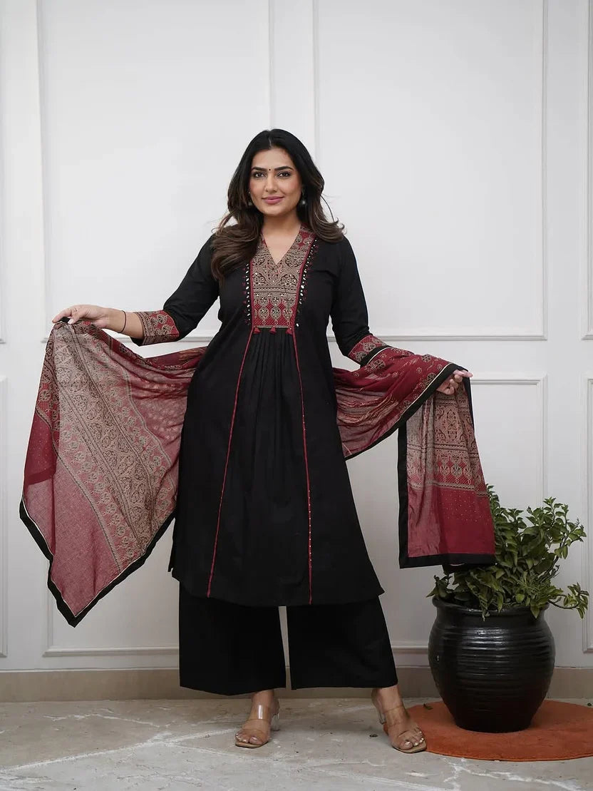 black cotton kurta pant set with embroidered yoke & printed dupatta