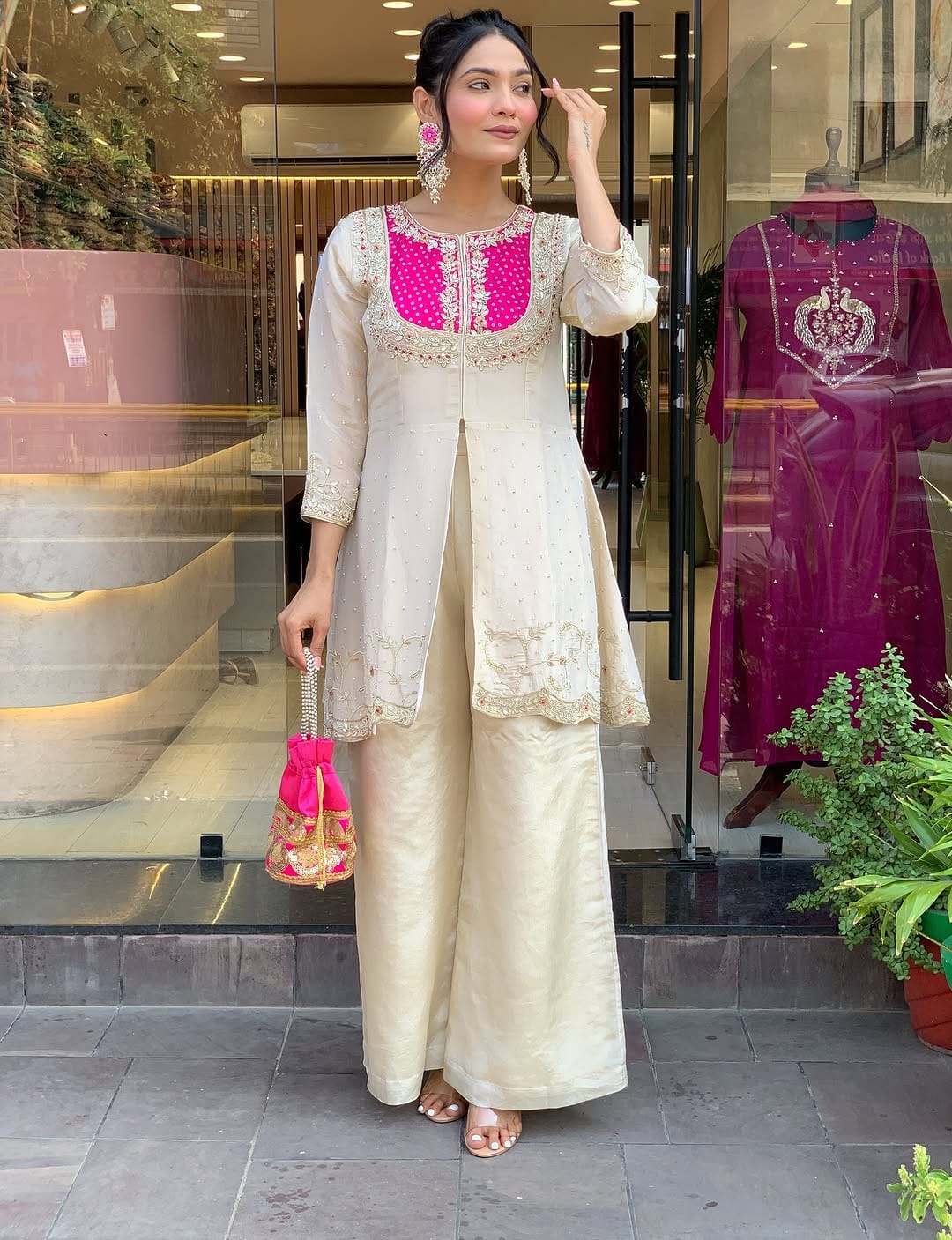 elegant ivory & pink embroidered kurta set with palazzo pants