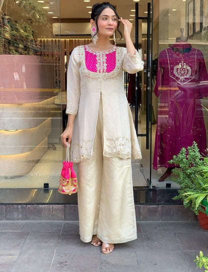 Elegant Ivory & Pink Embroidered Kurta Set With Palazzo Pants