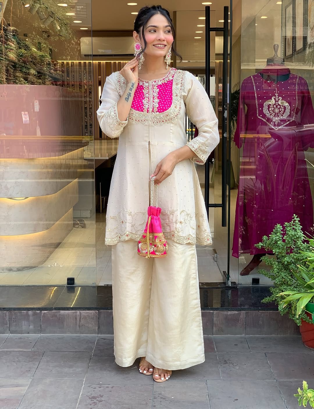 elegant ivory & pink embroidered kurta set with palazzo pants