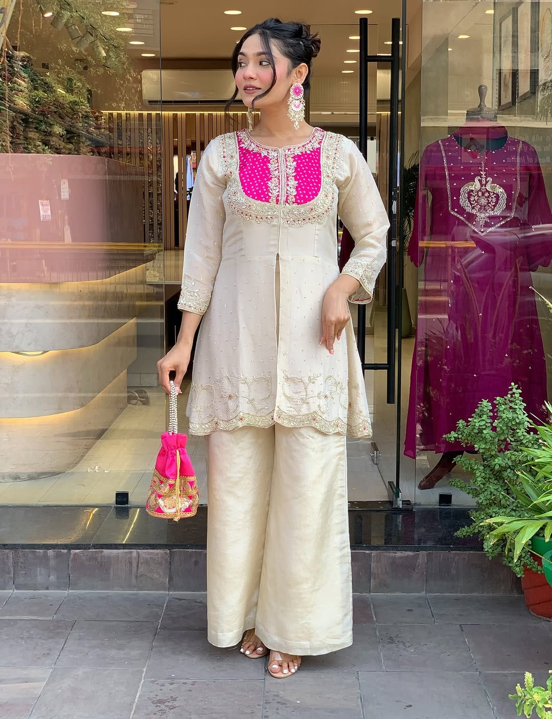 elegant ivory & pink embroidered kurta set with palazzo pants