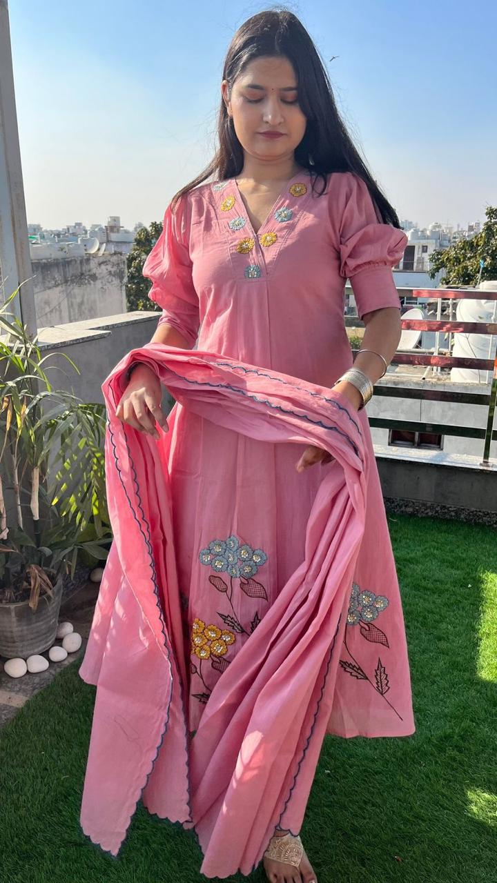 dreamy elegance : pink a-line cotton kurta set with malmal dupatta