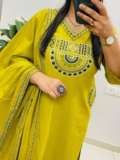 Lifestyle Kurti Embroidered Cotton Kurti Pant With Dupatta Suit Set