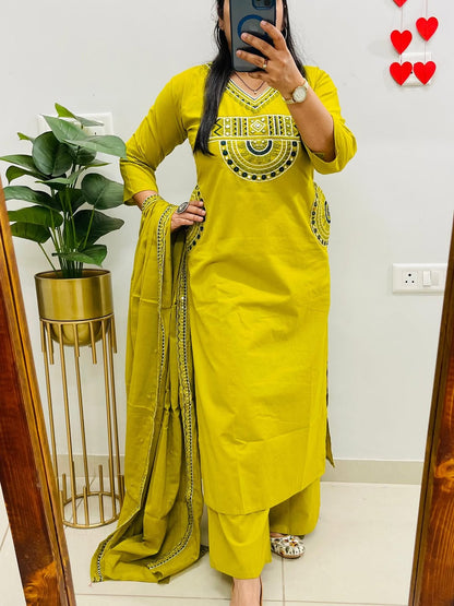Lifestyle Kurti Embroidered Cotton Kurti Pant With Dupatta Suit Set