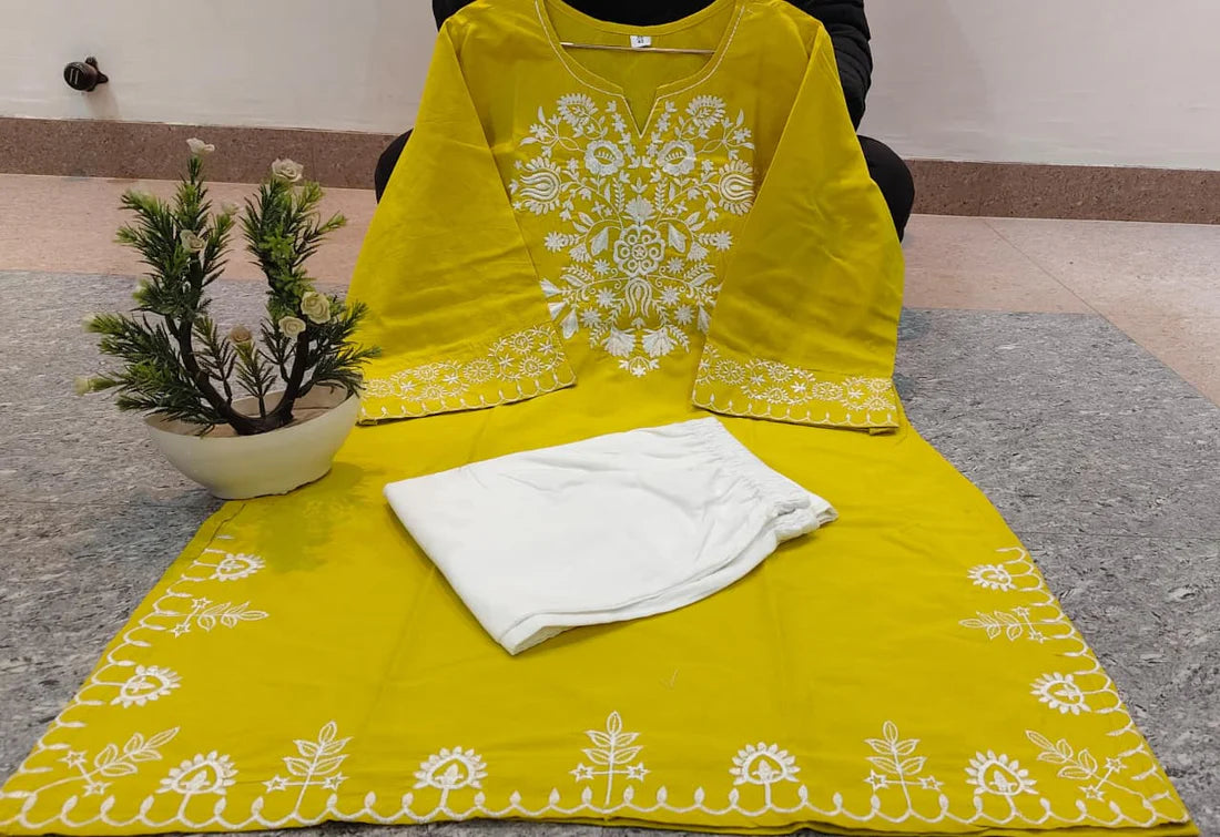 Embroidery Yellow Cotton Kurta Set with Palazzo Pants