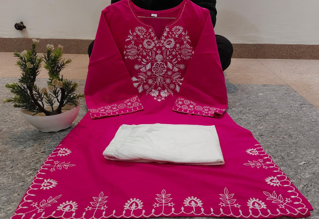 Embroidery Pink Cotton Kurta Set with Palazzo Pants