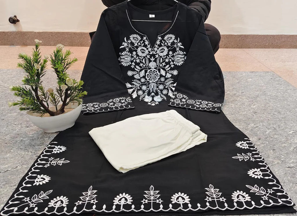 Embroidery Black Cotton Kurta Set with Palazzo Pants