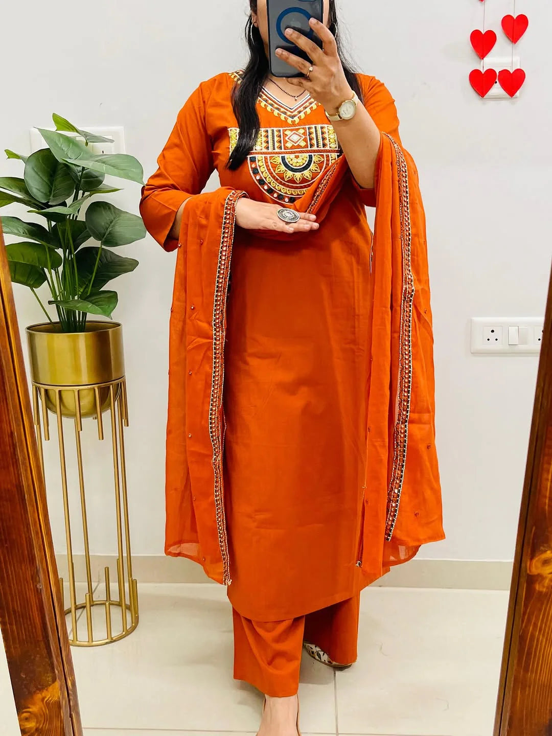 Rust Orange Embroidered Kurta Set with Dupatta