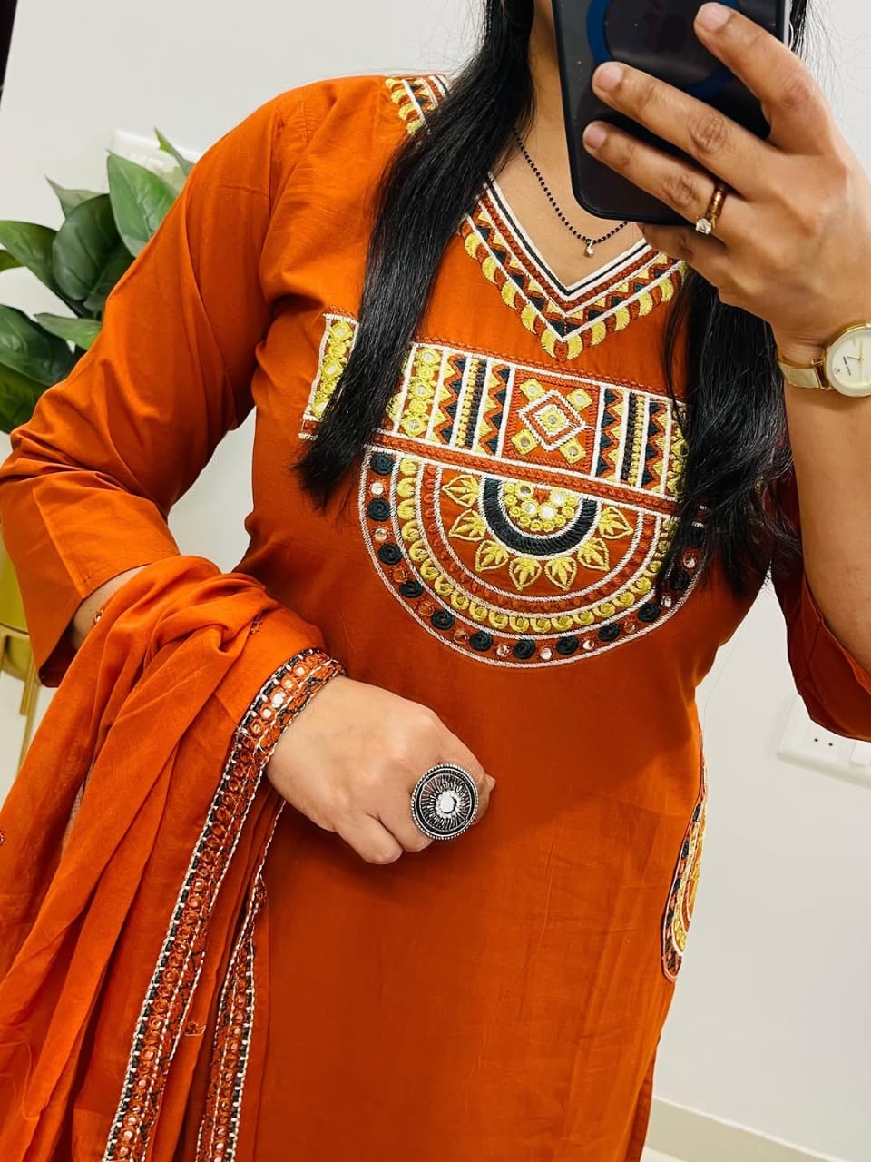 Rust Orange Embroidered Kurta Set with Dupatta