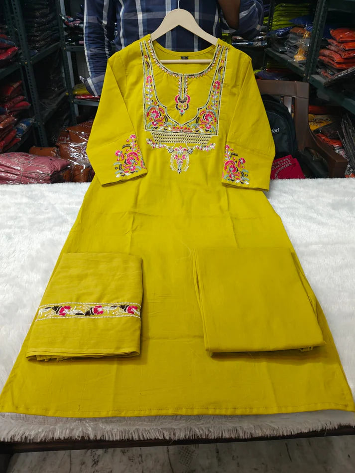 Light Green Embroidered Cotton Kurta Pant Dupatta Set