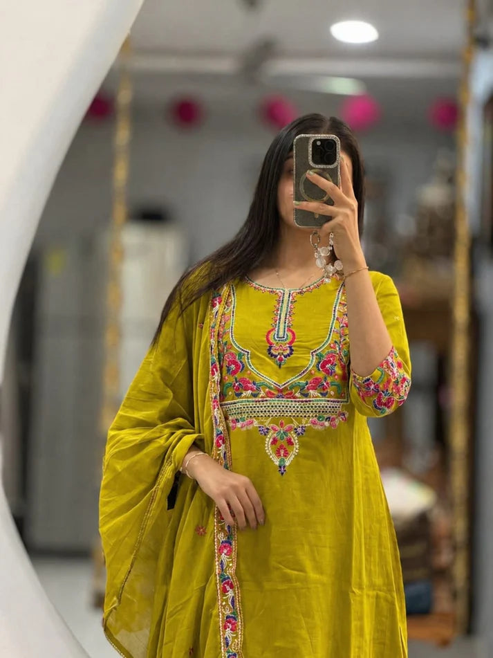 Light Green Embroidered Cotton Kurta Pant Dupatta Set