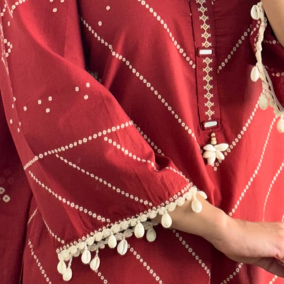Premium Red Embroidered Cotton Kurti Pant Set with Dupatta for Women