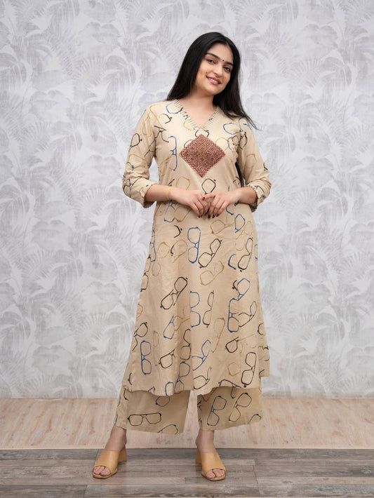 Beige Spectacle Printed Ethnic Co-ord Set for Women