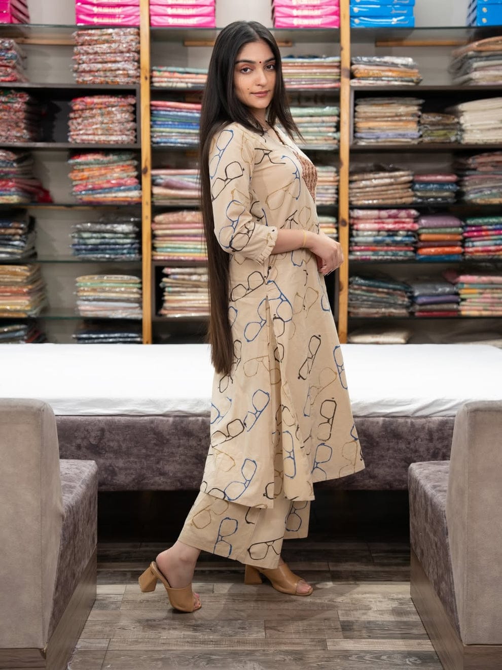 Beige Spectacle Printed Ethnic Co-ord Set for Women