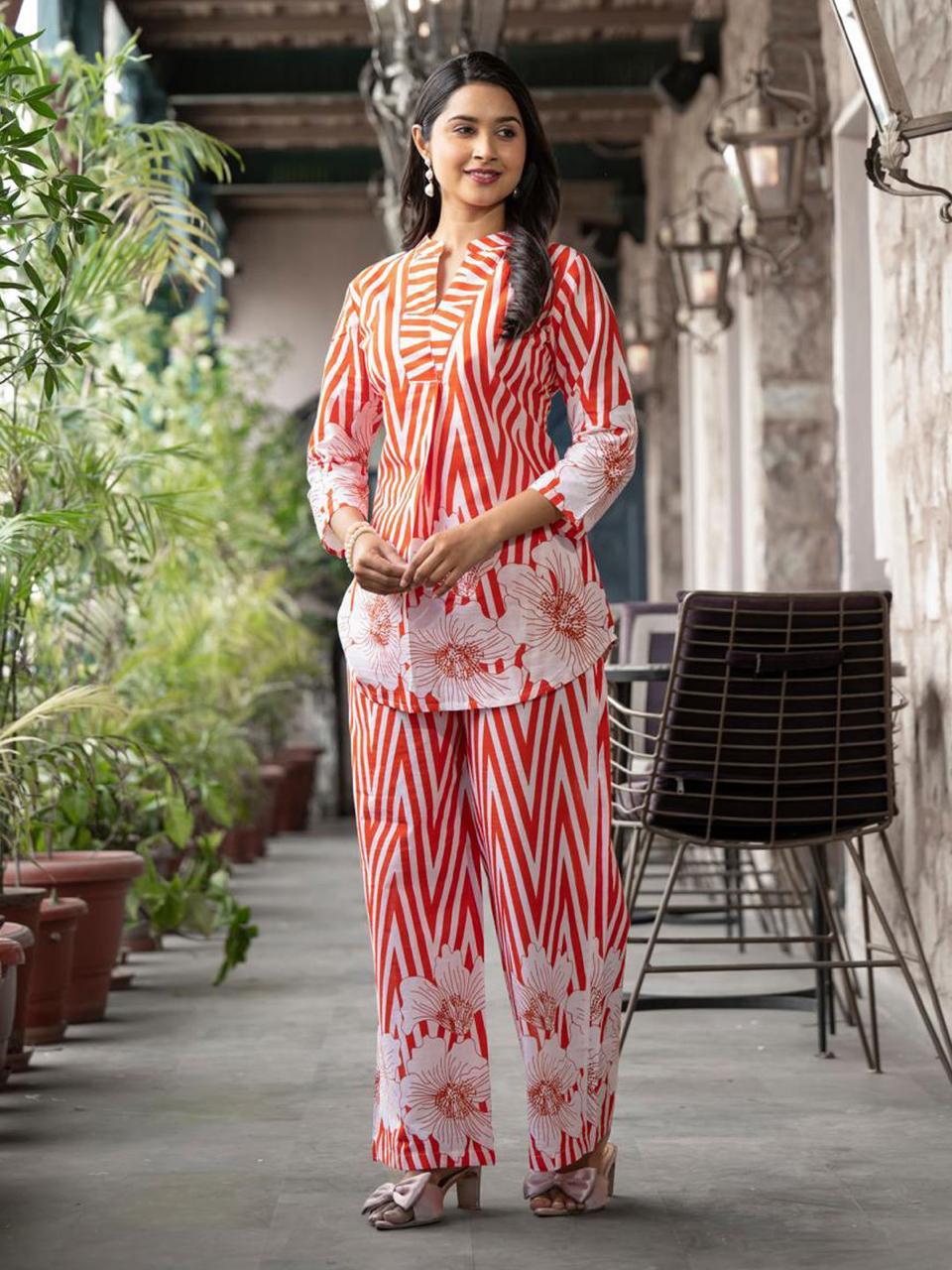 Orange Chevron and Floral Printed Ethnic Co-ord Set