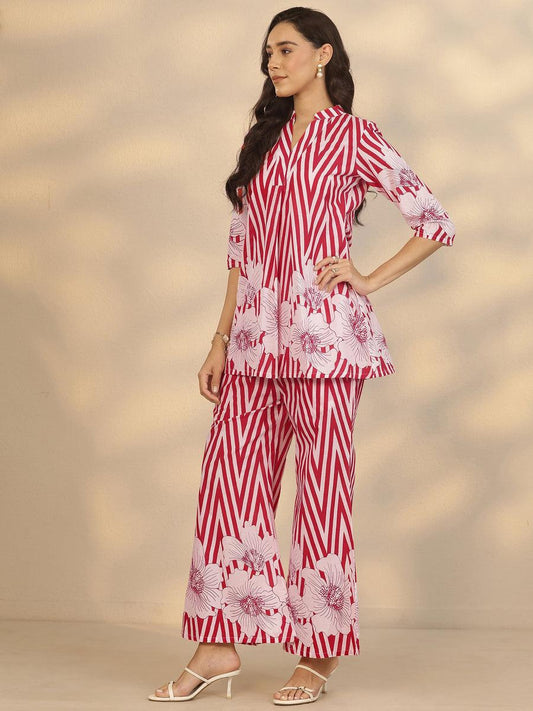 Red Chevron and Floral Printed Ethnic Co-ord Set