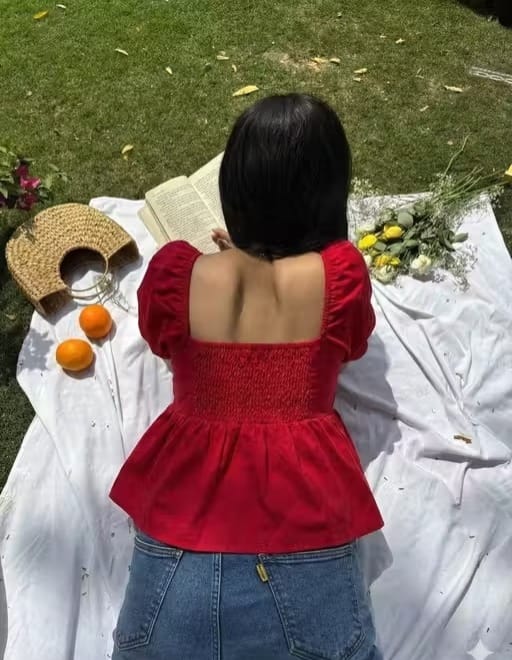 Red Cotton Square Neck Peplum Top with Puff Sleeves