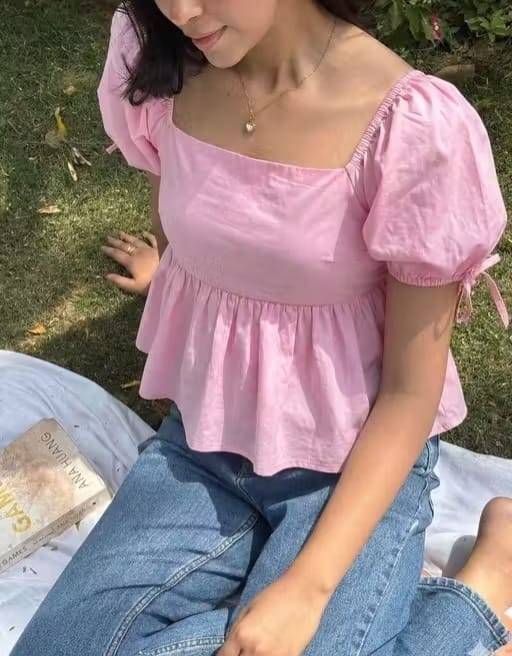 Pink Cotton Square Neck Peplum Top with Puff Sleeves