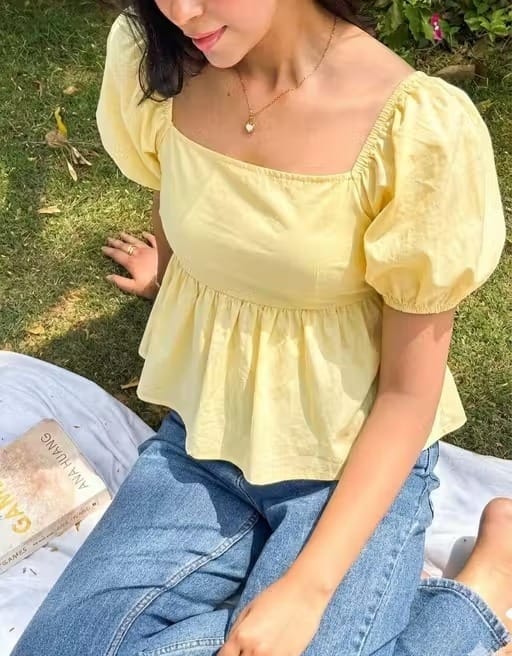 Yellow Cotton Square Neck Peplum Top with Puff Sleeves